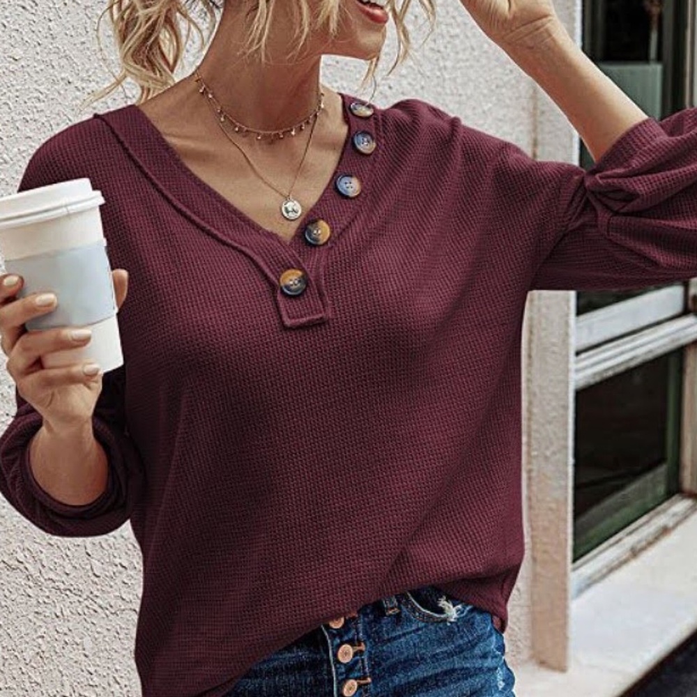 Waffle Thermal Knit V Neck Shirt Burgundy Wine